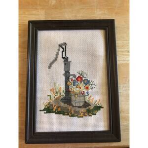 Vintage Needlepoint Rustic Water Pump with Flowers 5.5x7.5x1